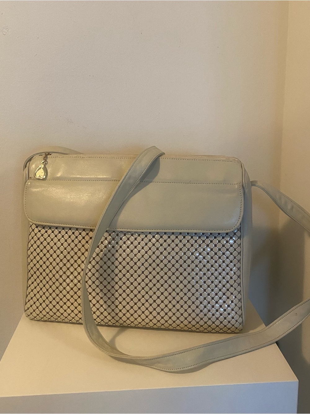 Whiting & Davis Cream Woven Shoulder Bag with Smooth Flap